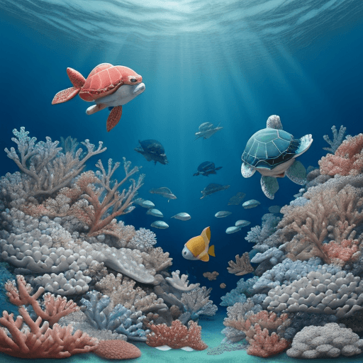 AI generated: dreamy little turtle, blue, white and red corals, french angels fishes, boat wrake and divers in the...