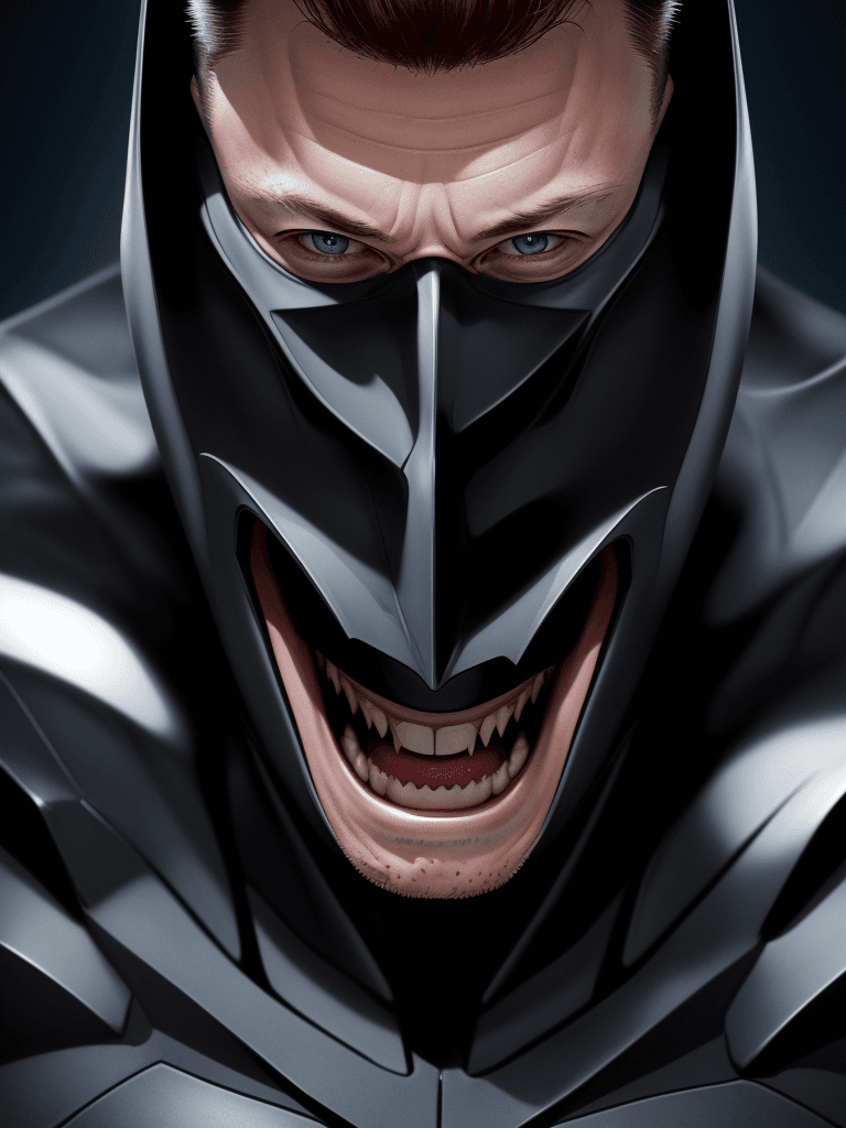 AI generated: elon musk as (the batman), skindentation, bright realistic eyes and a huge maniacal grin, (perfect p...