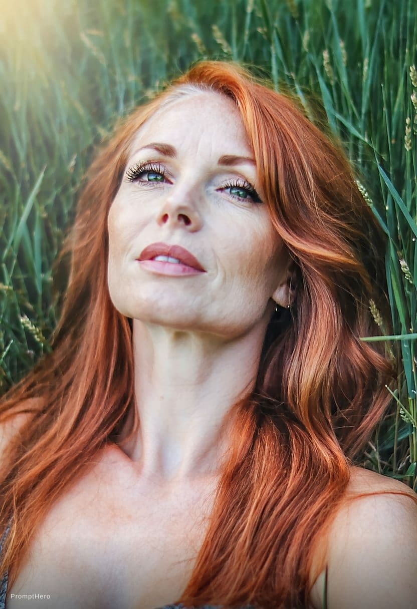 AI generated: A photorealistic portrait of a woman with vibrant, fiery red, wavy hair, seated in a field of tall g...