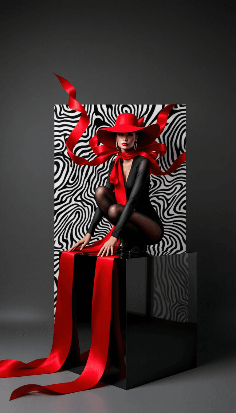 AI generated: This fashion photograph captures a mesmerizing composition of a woman elegantly squatting atop a glo...