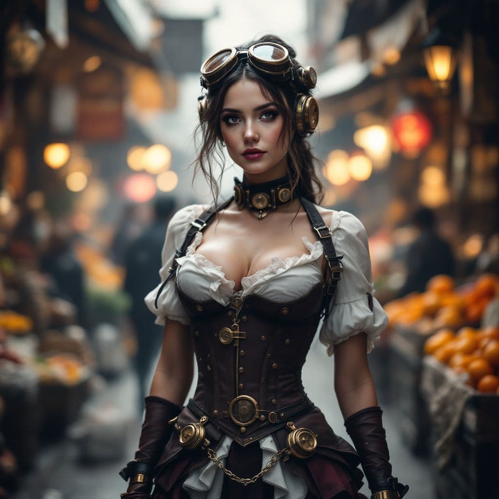 AI generated: A woman dressed in a Steampunk outfit standing in a bustling market. The style is reminiscent of a J...