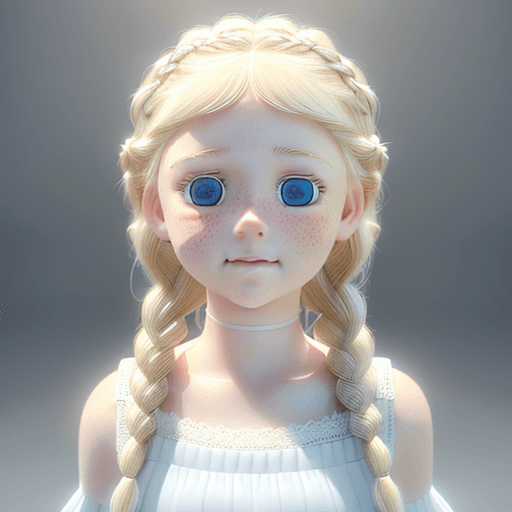 AI generated: A cute kind-hearted and nurturing young girl, with two braids, freckled cheeks, blue eyes round face...