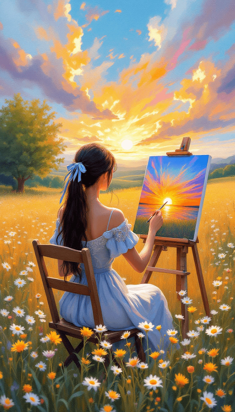 AI generated: A serene and vibrant painting of a woman seated outdoors in a field of wildflowers, painting a sceni...
