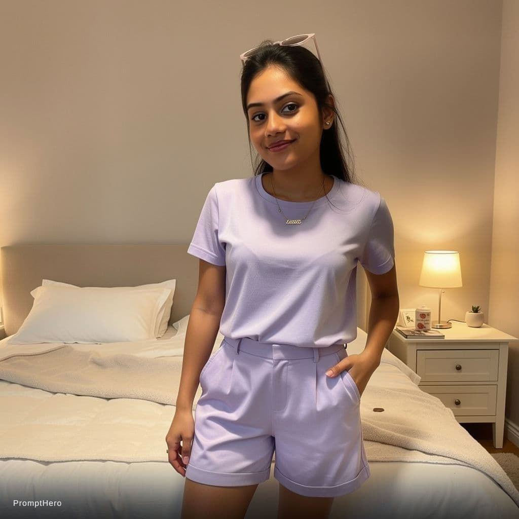 AI generated: Show her busty in tiny top and shorts 