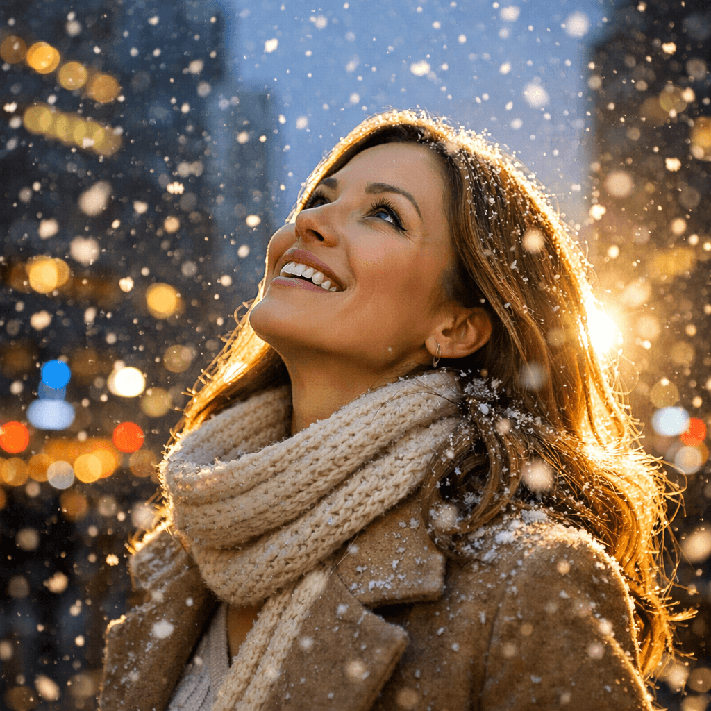 AI generated: vThe uploaded woman looking up as snow falls amidst city lights at dusk,  highres, realistic photo, ...