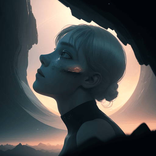 AI generated: Photo of person staring up at space, dreamy landscape, abstract shapes, dramatic light, pale sunrise...