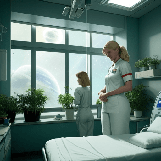 AI generated: planet orbiting sci-fi hospital room, with plants, with hot female blond nurse tending bedside, the ...