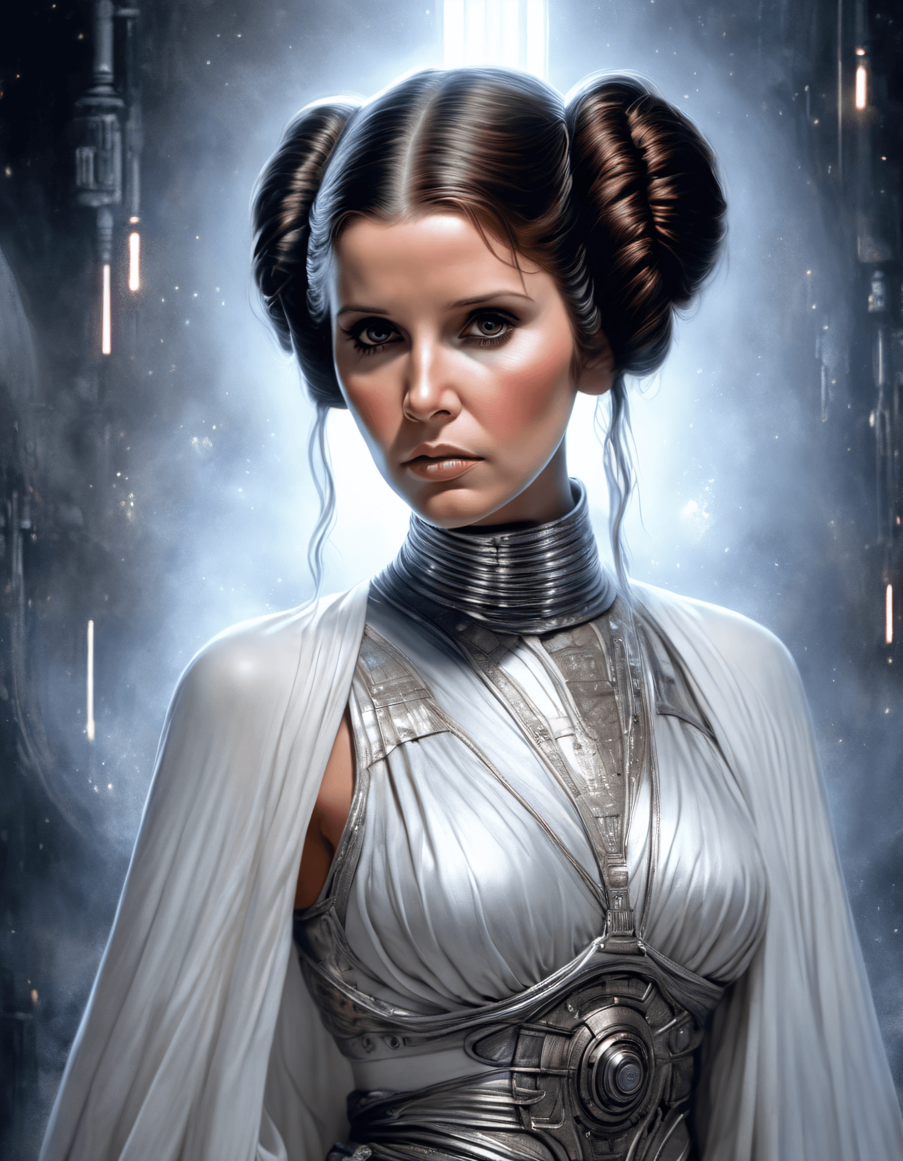 AI generated: Masterpiece, Stunning, Best quality, Princess Leia covered in nightly glow with detailed silver feat...