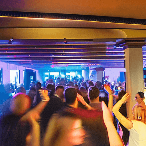 AI generated: small club venue with a terrace and people dancing looking at the djs 