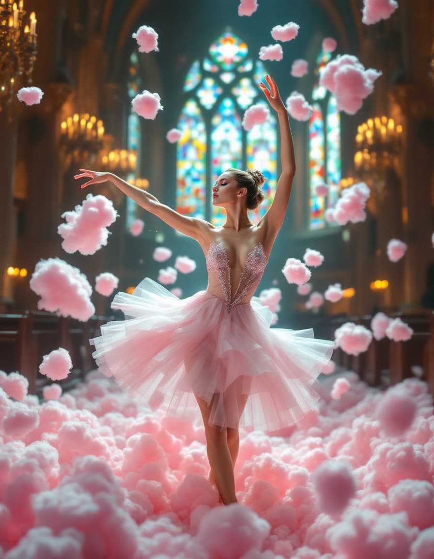 AI generated: realistic high fashion photography of a female dancer, surrounded by cotton candy an d popcorn, insi...