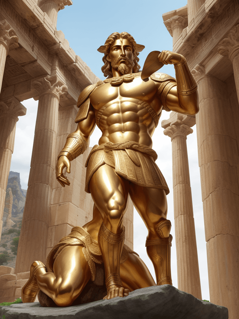 AI generated: A full body wide angle detailed Bronze Statue portrait of an ancient Greek Warrior Odysseus, high on...