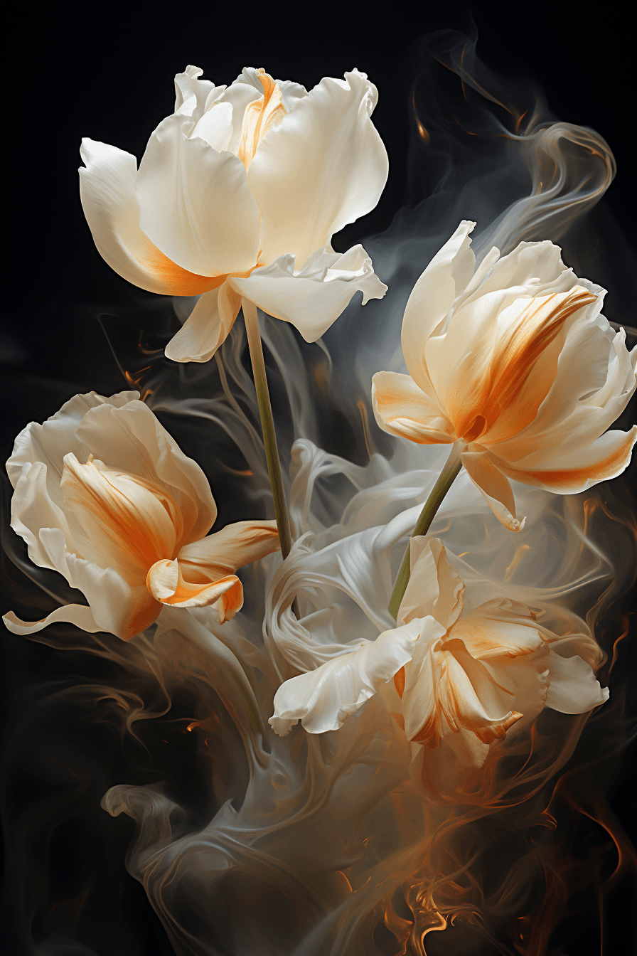AI generated: white tulip bouquet opening, liquid smoke fractals, elegant botany, dynamic movement, raphael, carav...
