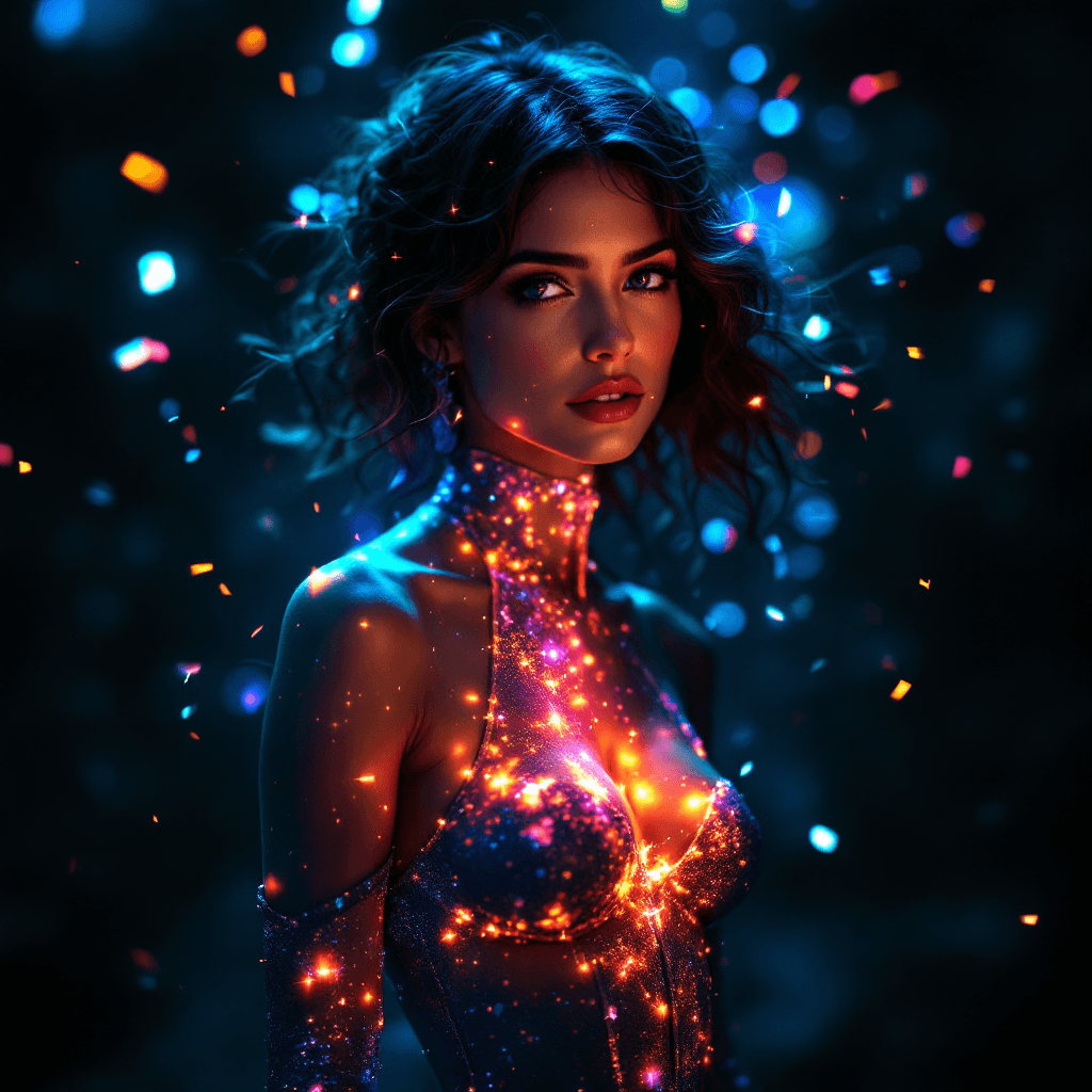AI generated: A full body depiction of a woman, her fantasy outfit shimmering with iridescent light that shifts ac...