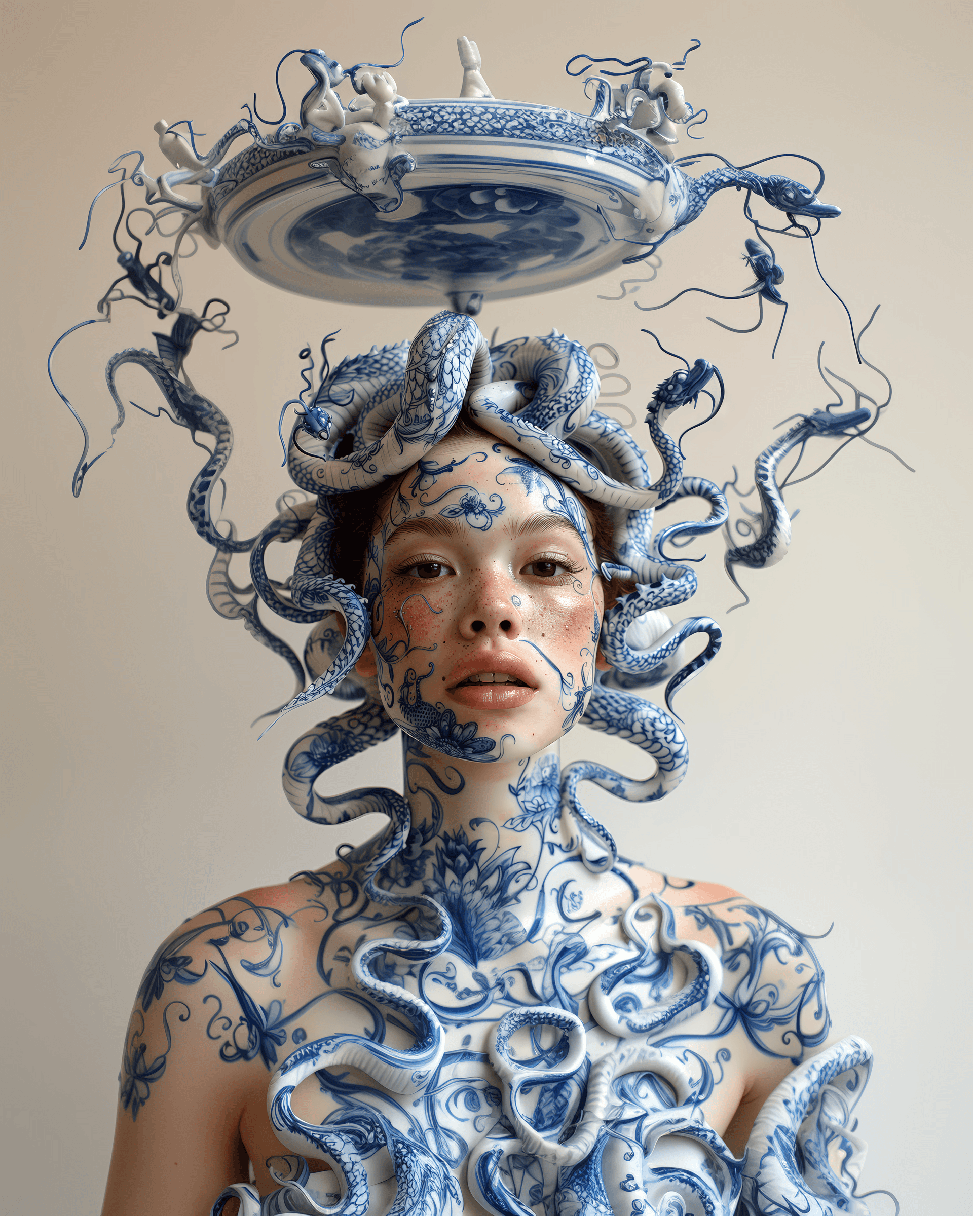 AI generated: a woman made out of porcelain, in the style of balanced symmetry, white and blue, detailed facial fe...