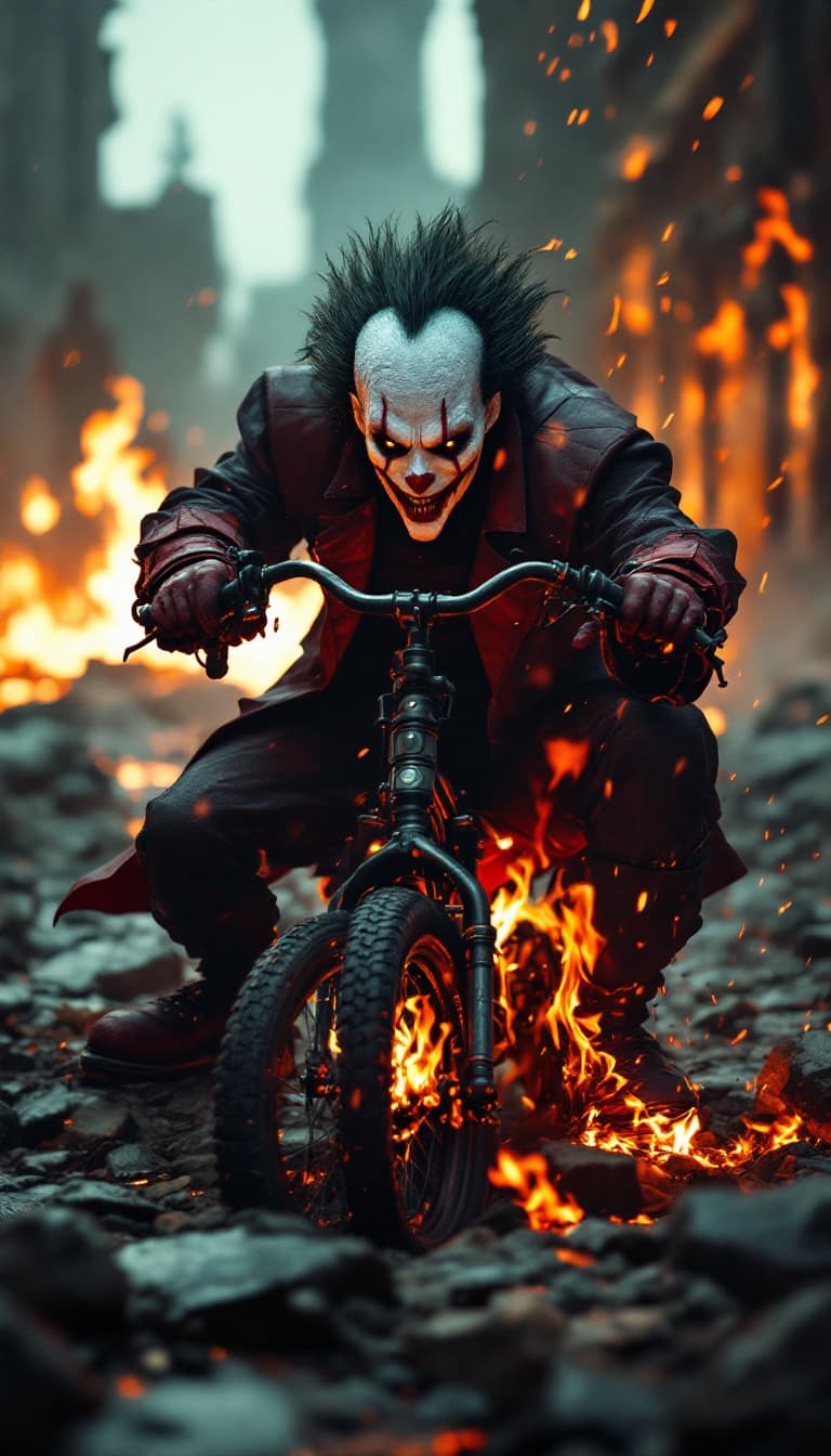 AI generated: Envision a fully body portrait of  saw evil character , jigsaw, sitting on his tricycle .l    as   s...