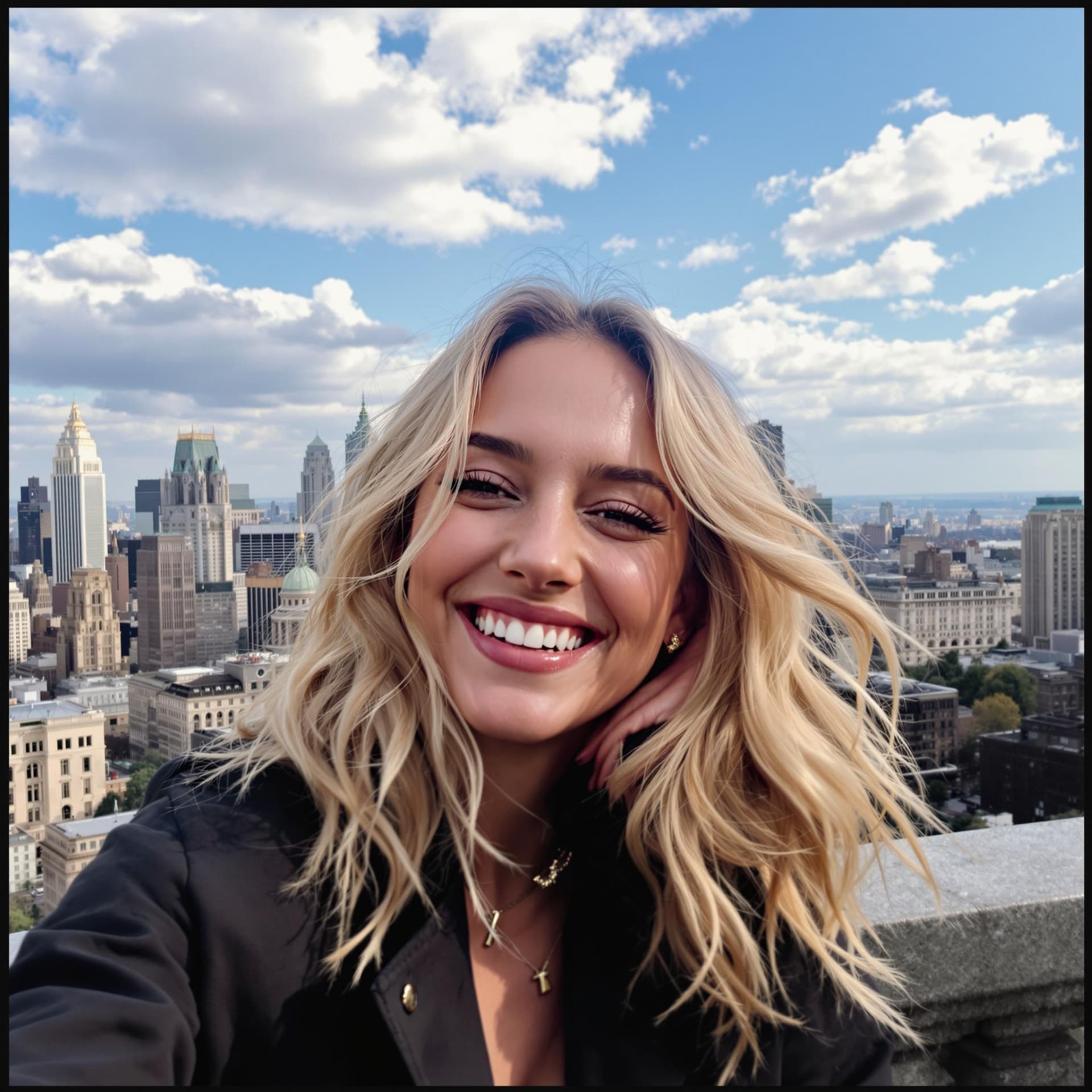 AI generated: Instagram photo, jennifer lawrence flirt smiling, in the style of social media influencers, city in ...