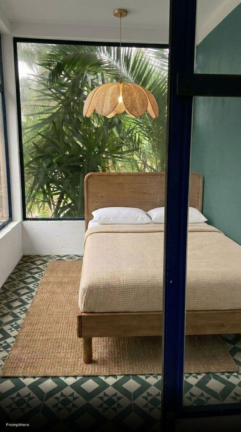 AI generated: Add this lamp hanging over the bed close to the ceiling