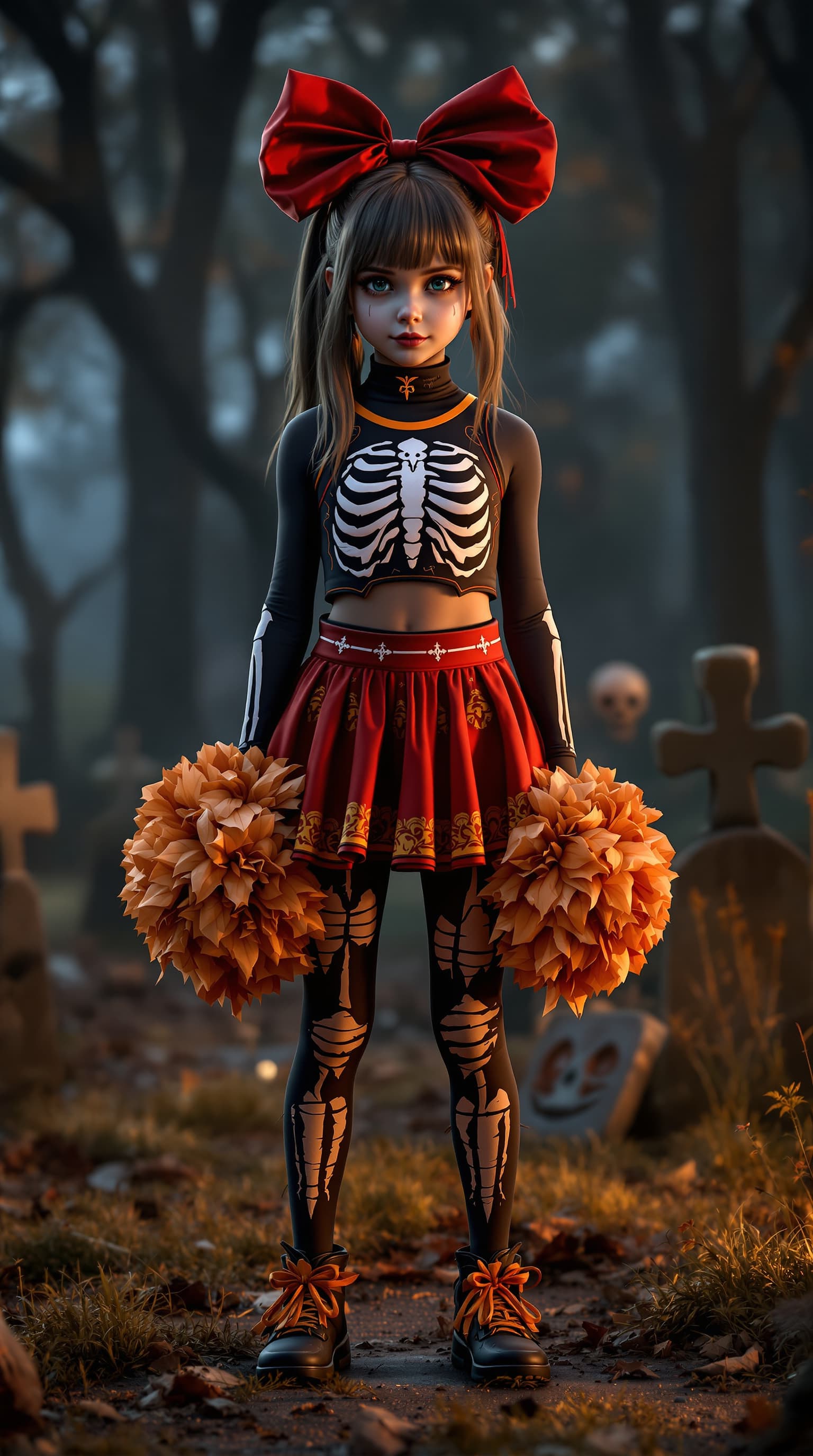 AI generated: A hyper-realistic depiction of a eleven year old girl, dressed in a Halloween Cheerleader Costume, S...