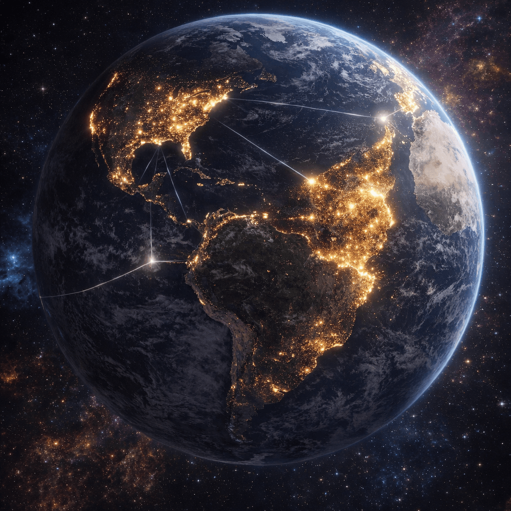 AI generated: Look at the reference images and create an orbital view of Earth from space, Western Hemisphere cent...