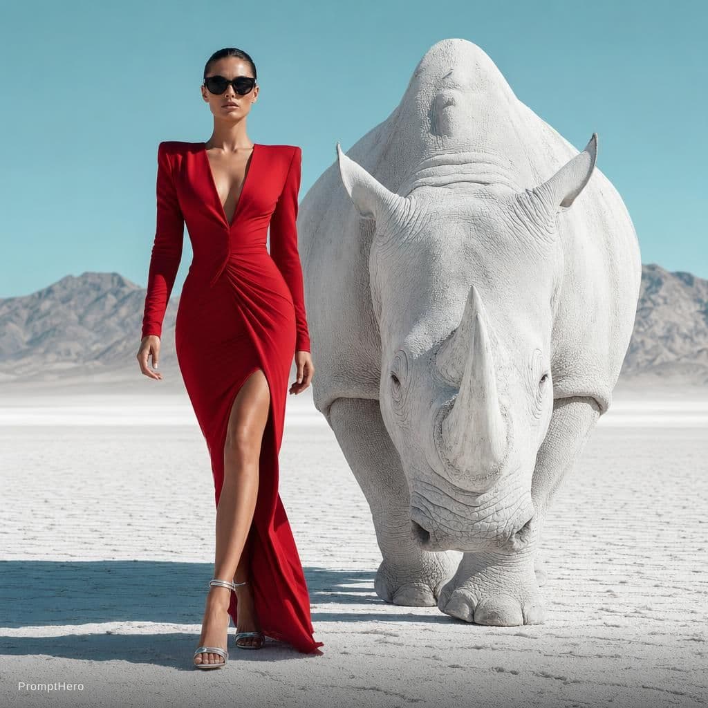 AI generated: {
  "scene": {
    "type": "editorial fashion surrealism",
    "location": "barren white desert w...