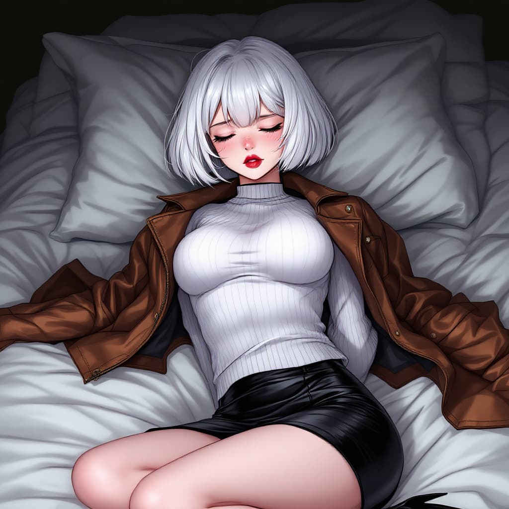 AI generated: anime, woman, white hair, bob cut, closed eyes, freckles, red lips, white sweater, tight sweater, sh...