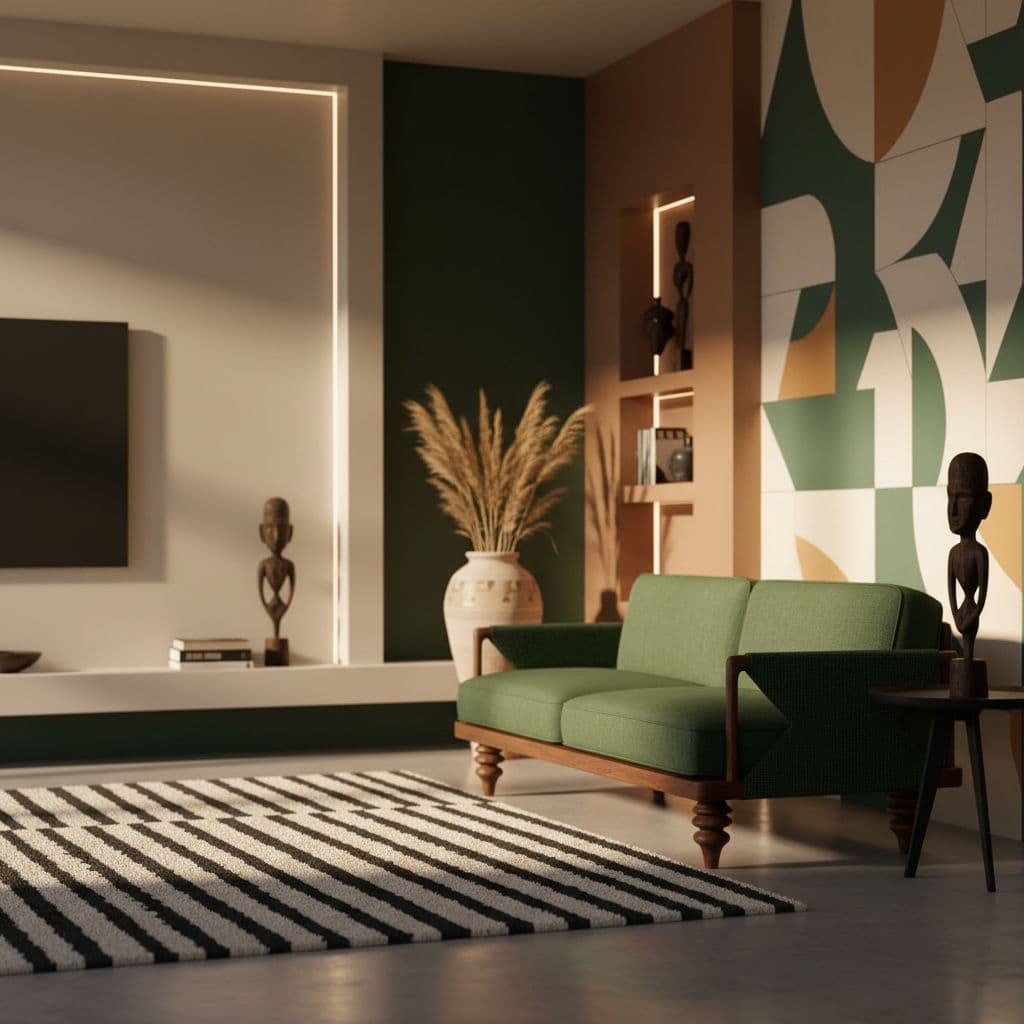 AI generated: place her in a mordern African themed minimalist design . bright with cinematic lighting 