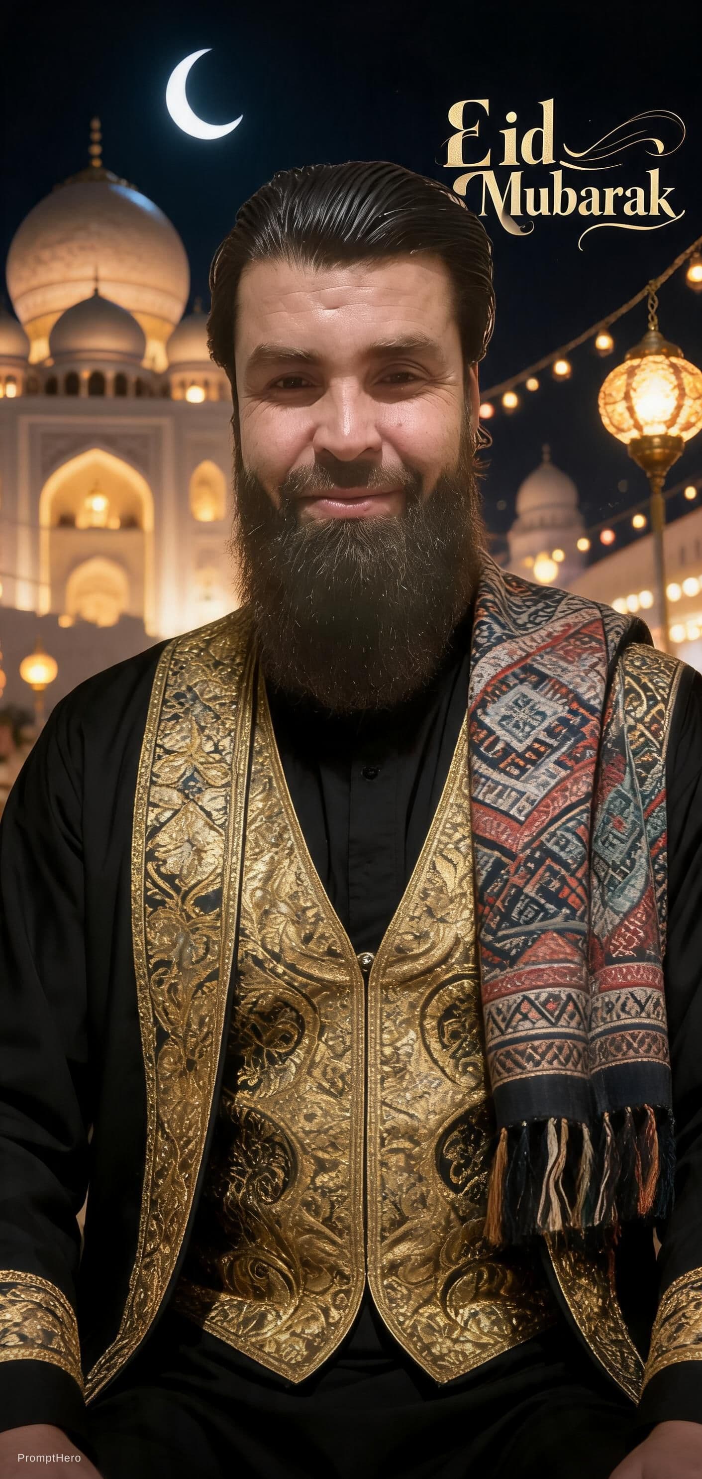 AI generated: Ultra-HD Eid al-Adha fashion portrait of an elegant Afghan young man standing proudly in black perah...