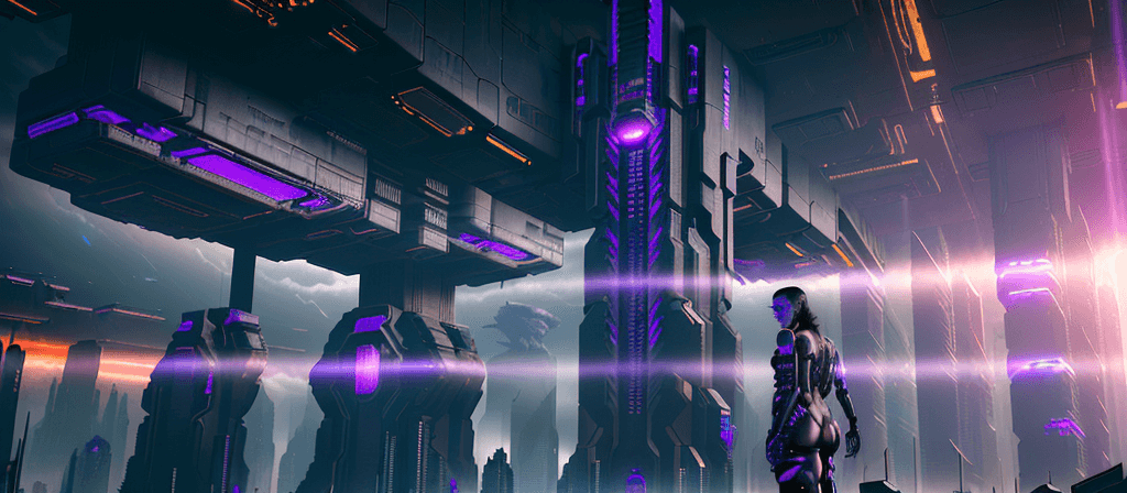 AI generated: cyberpunk style, futuristic, dystopian, population gathering below gigantic rectangular deep-onyx co...