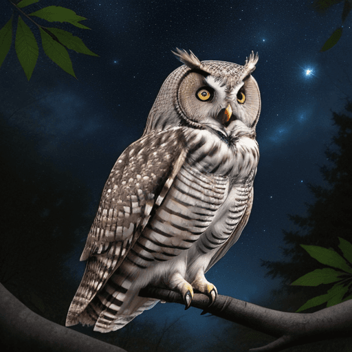 AI generated: an owl sitting on a branch in the forest looking up at a bright star
