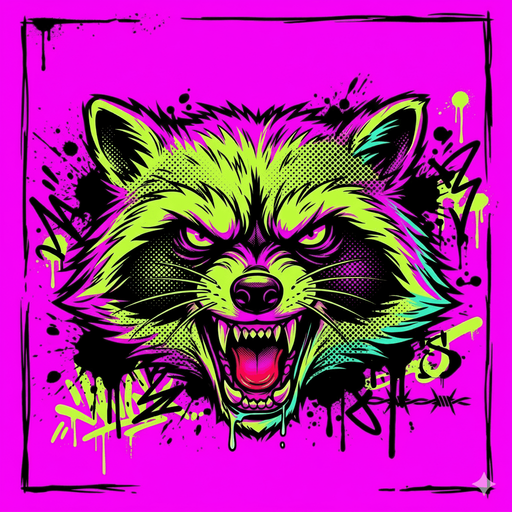AI generated: A head of an angry racoon, lowbrow art style, streetwear graphic illustration, edgy
vector design, h...