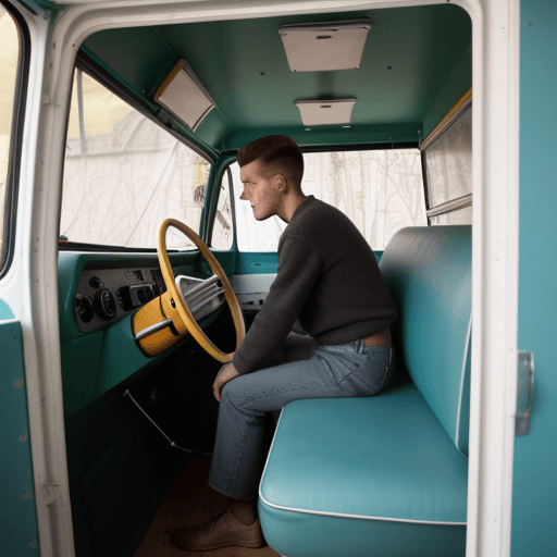 AI generated: youngman inside 60´s  van, lateral view