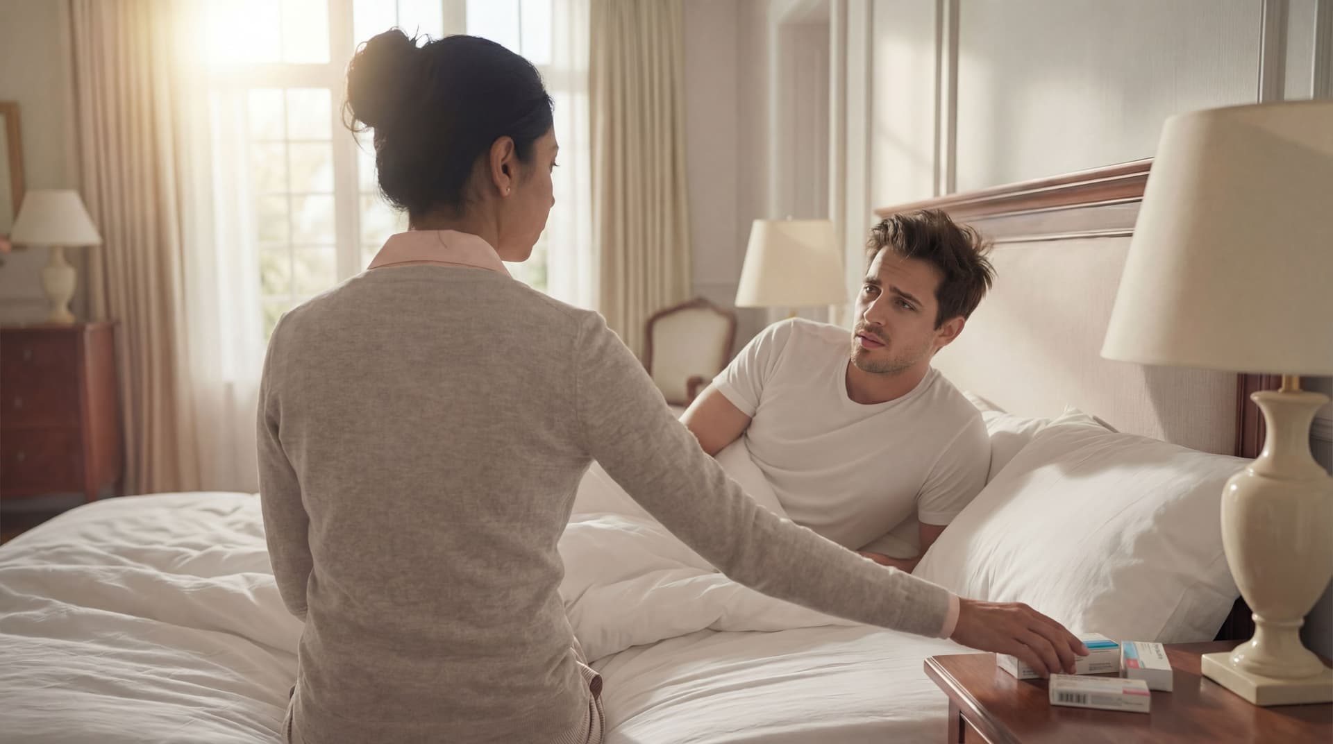 AI generated: The woman is placing two medication boxes on the night table next to the bed. 