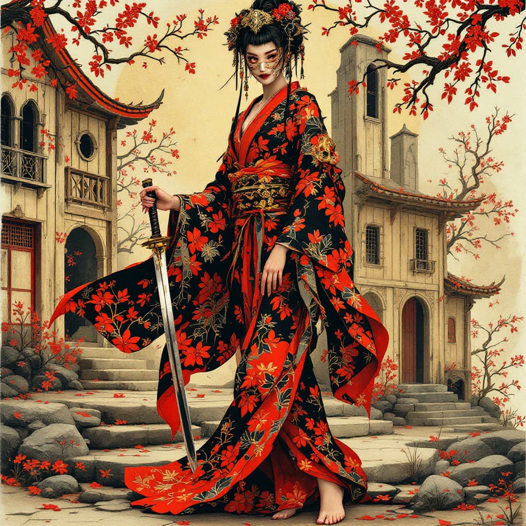 AI generated: Full body view of a geisha-ninja fusion, set in a stylized, destroyed Japanese village. Detailed orn...