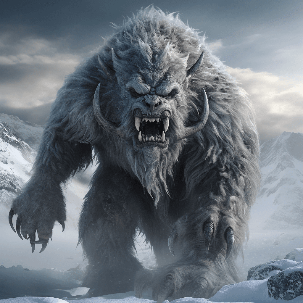 AI generated: an enormous snow monster is standing on the ice, in the style of epic fantasy scenes, manticore, exp...