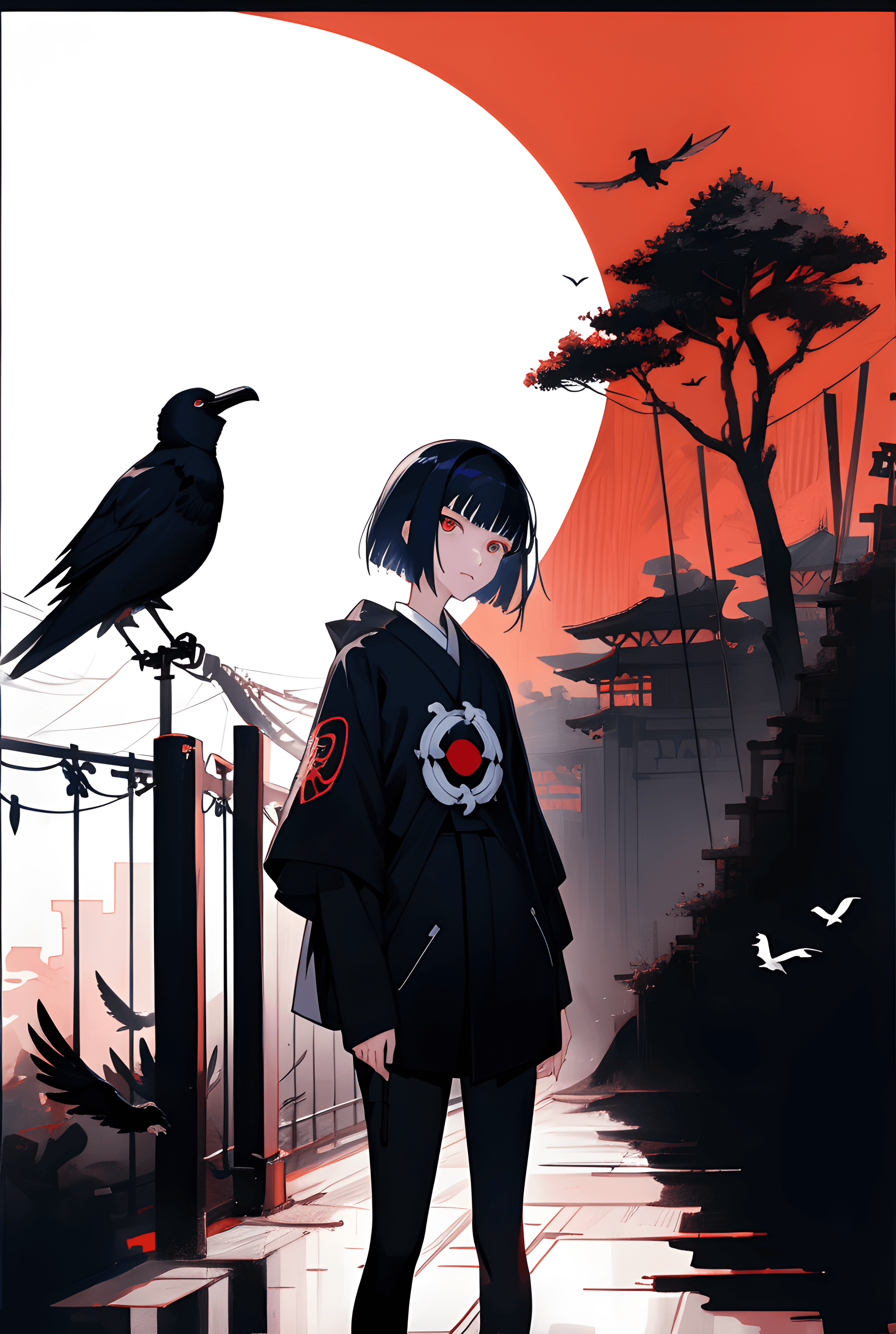 AI generated: a person standing next to a bird on a fence, by Jin Nong, pixiv contest winner, portrait of raven, j...
