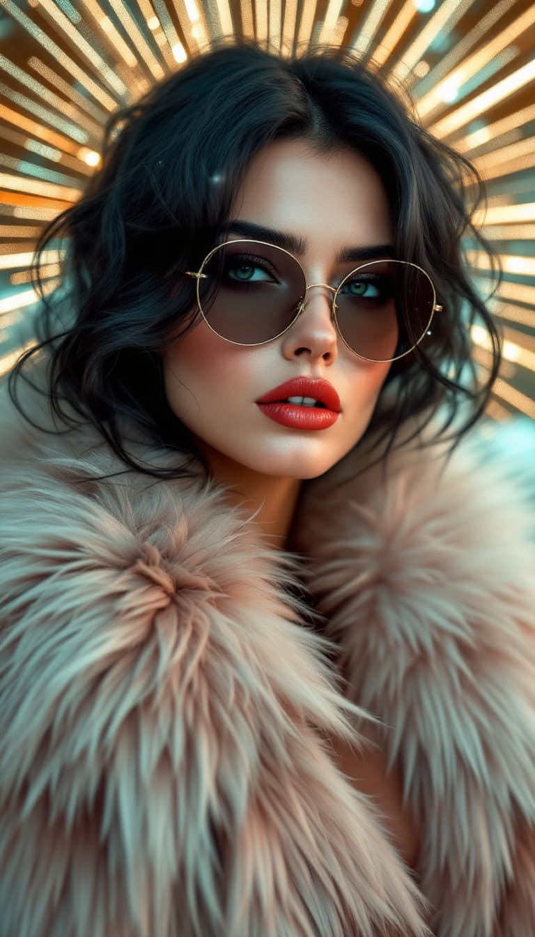 AI generated: Woman, charcoal hair, coral lips, long, faux-mink coat, rose-red lips, glamorous, radiant backdrop, ...