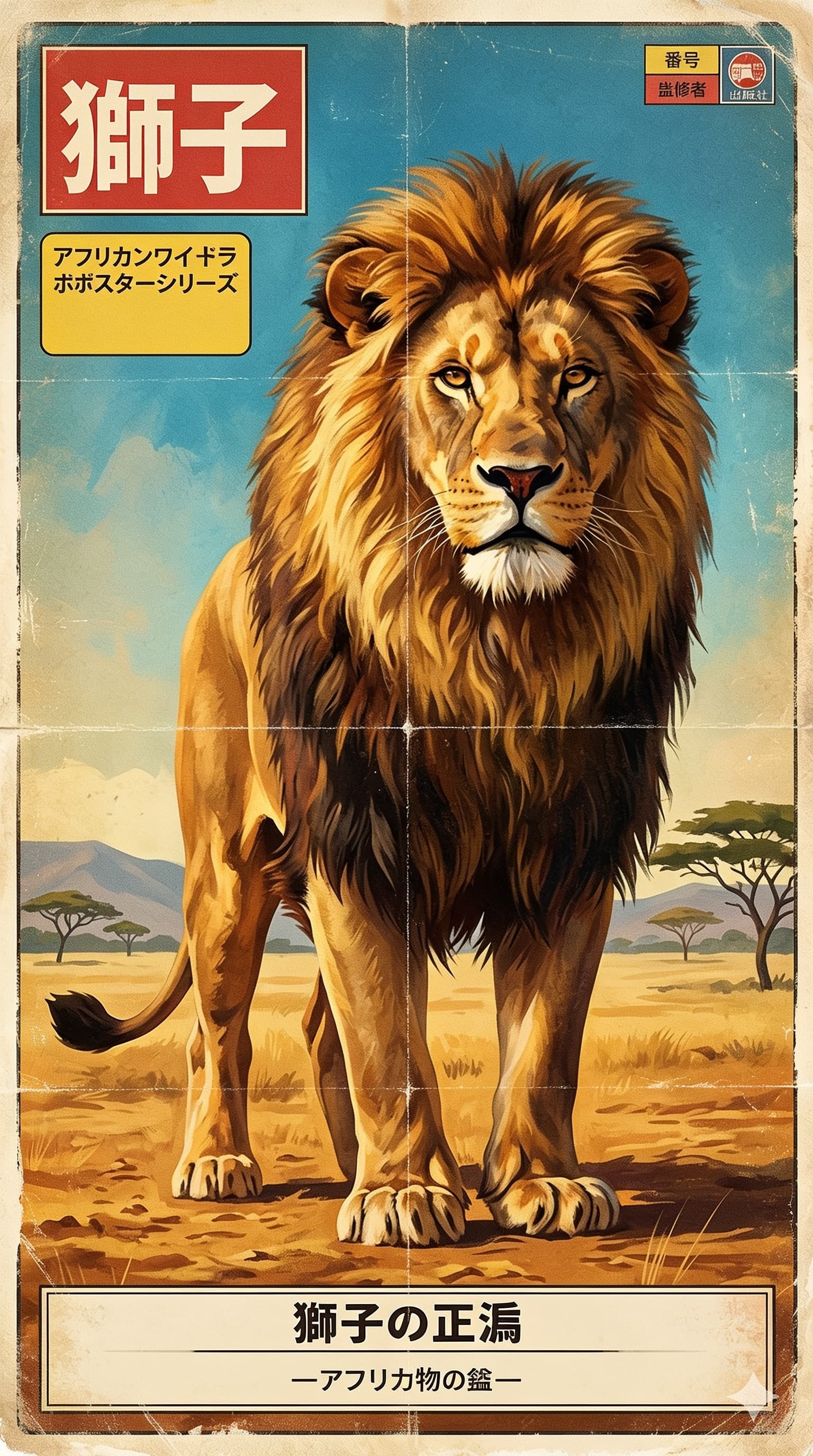 AI generated: Un Lion des savanes africaines. Le mot "LION" écrit en kanji japonais, vintage wildlife Japanese pos...