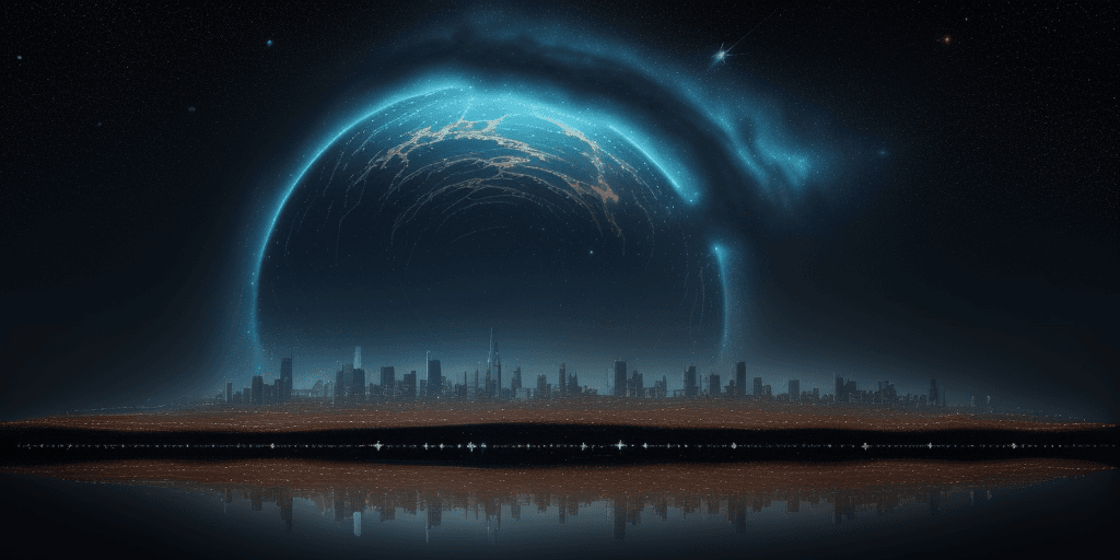 AI generated: constellation cosmic skyline, interplanetary skyline advanced alien city. Peaceful tranquil body of ...