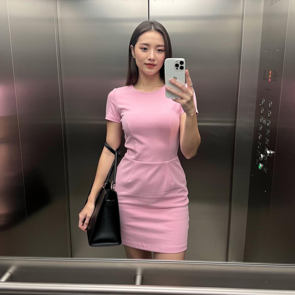 AI generated: This women take a frontal selfie with white iphone 15 pro, in elevator, have a black the tote bag on...