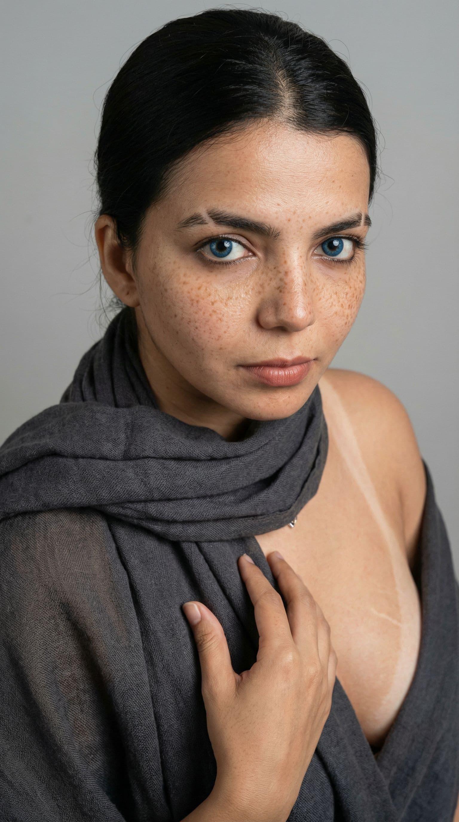 AI generated: Ein bildhübsches Gesicht nah Aufnahme von etwas erhöht aufgenommen und stechend blauen Augen mit mod...