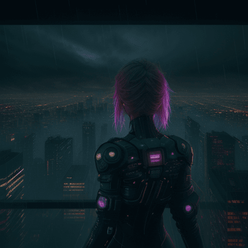 AI generated: girl looking from the roof. city, cyberpunk, 2100s, night, rain and fog. vhs glitch effect = 90%. vi...