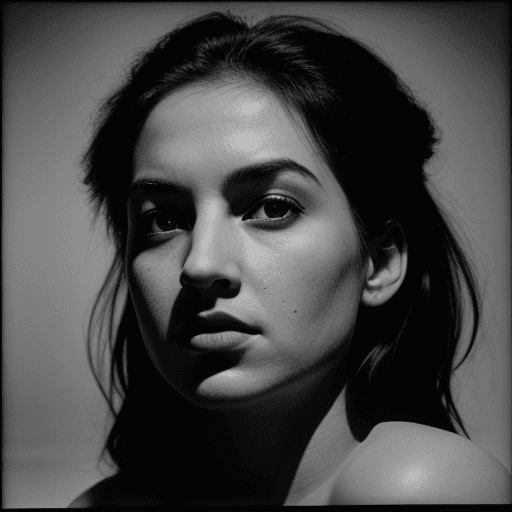 AI generated: high contrast photorealistic black & white photo face of a striking and beautiful in her fourties in...
