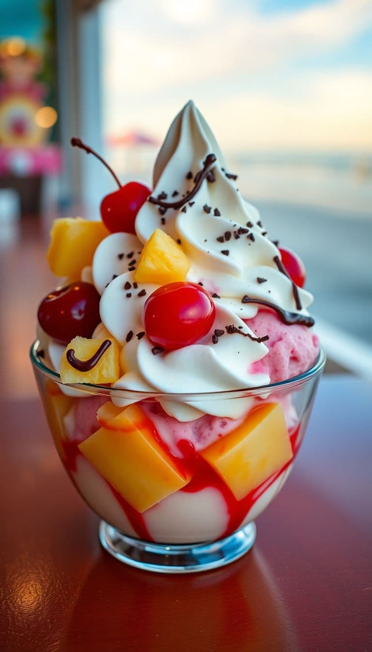 AI generated: bowl of delicious icecream, topped with cream, pineapple, cherries, sprinkeld with chocolate, hi glo...