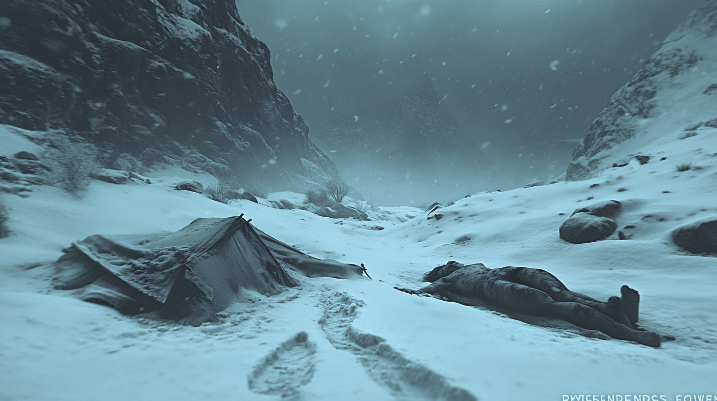 AI generated: A dark, atmospheric depiction of the Dyatlov Pass incident, an abandoned torn tent buried in deep sn...