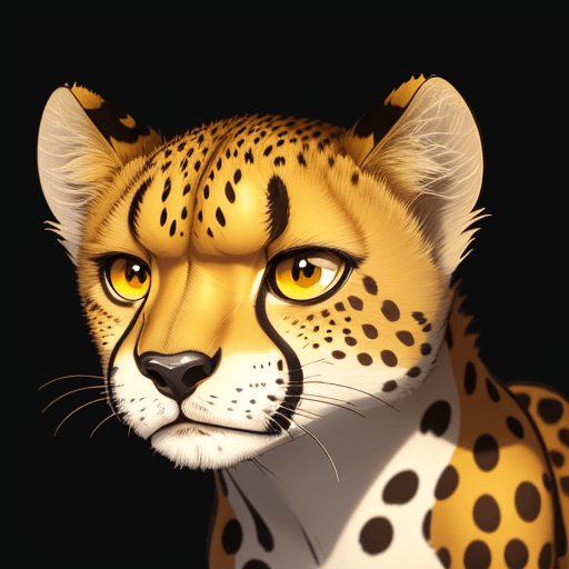 AI generated: illustration, vector cartoon-style, cute cheetah's face, zoom in, expressive eyes and a playful deme...