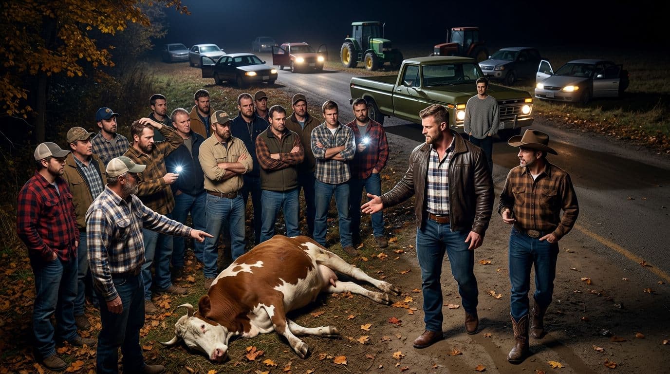AI generated: In an Autumn night. The vintage olive green Ford pick up truck is parked between the other cars. All...
