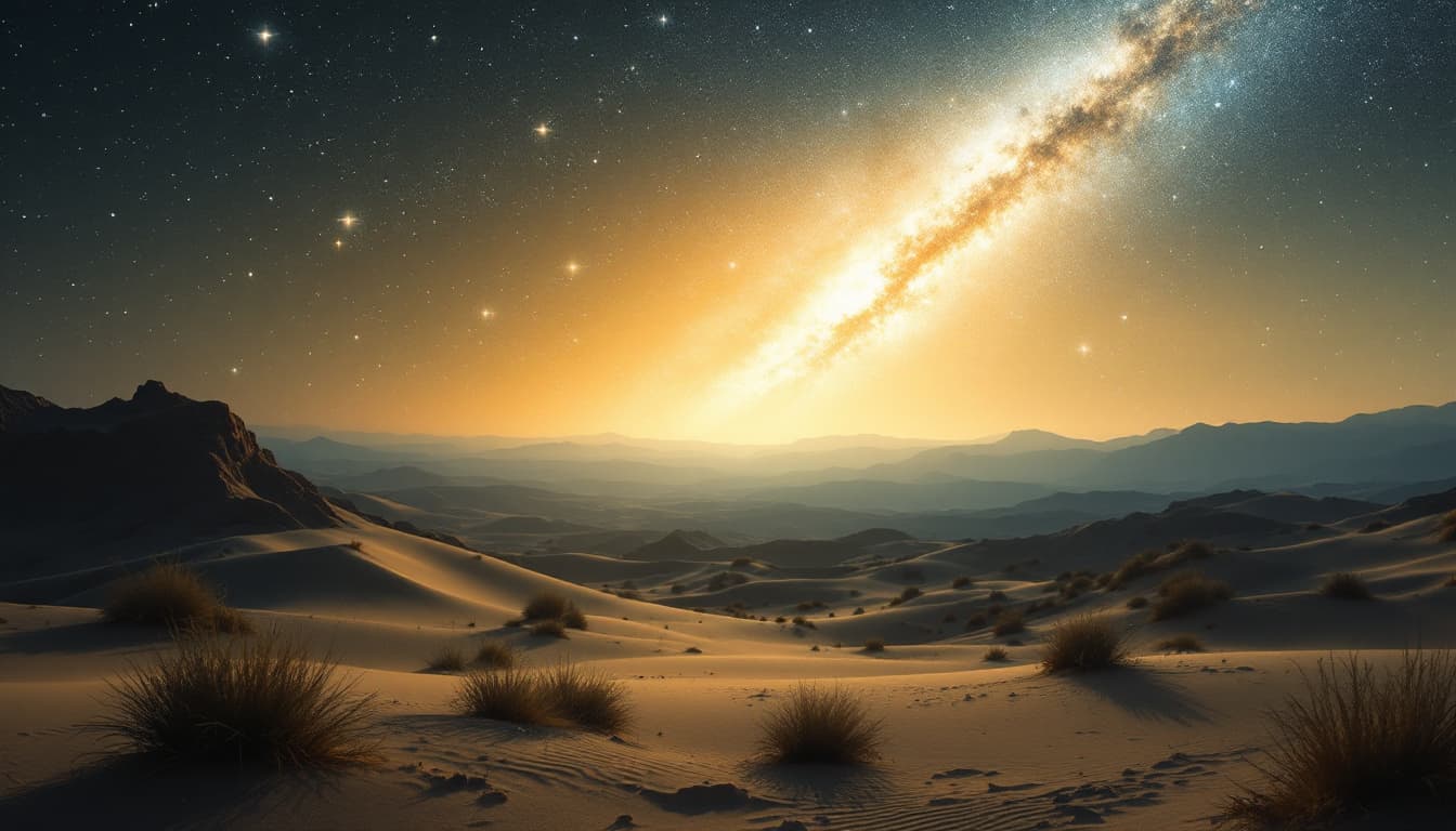 AI generated: Prompt: A slow fade from the desert to pure light, camera soaring into the stars, the sound of a hea...