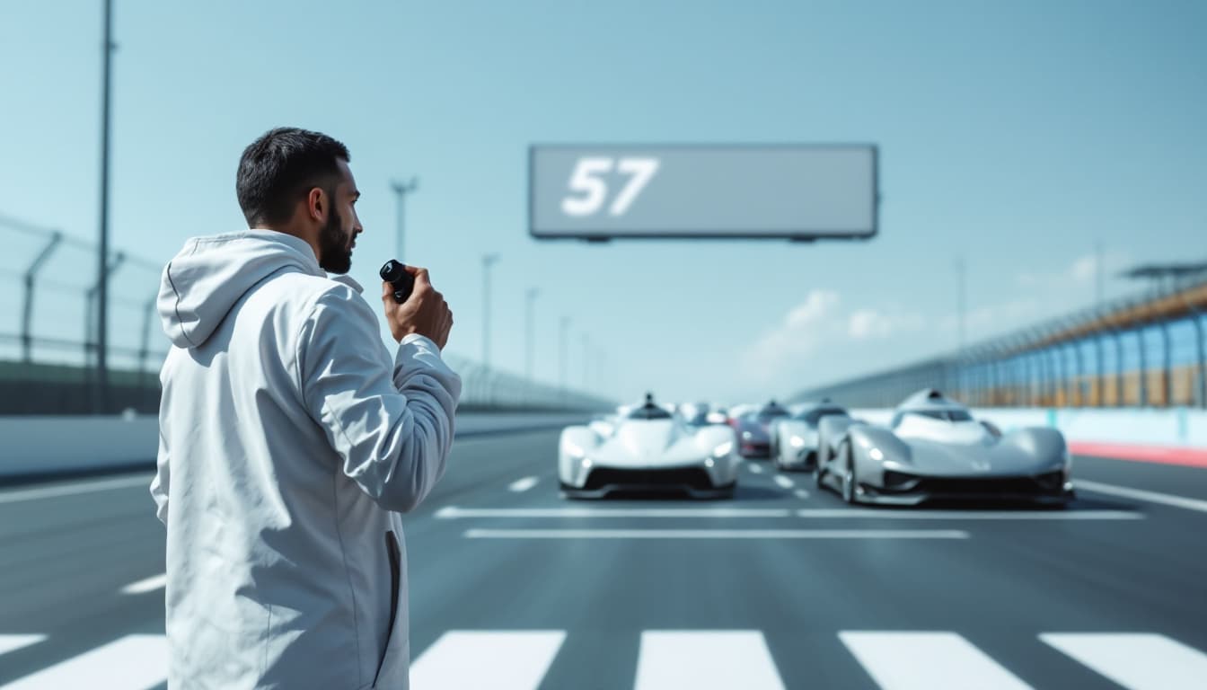 AI generated: The starter is a man standing on the side of the racing line behind the track in white clothes, with...