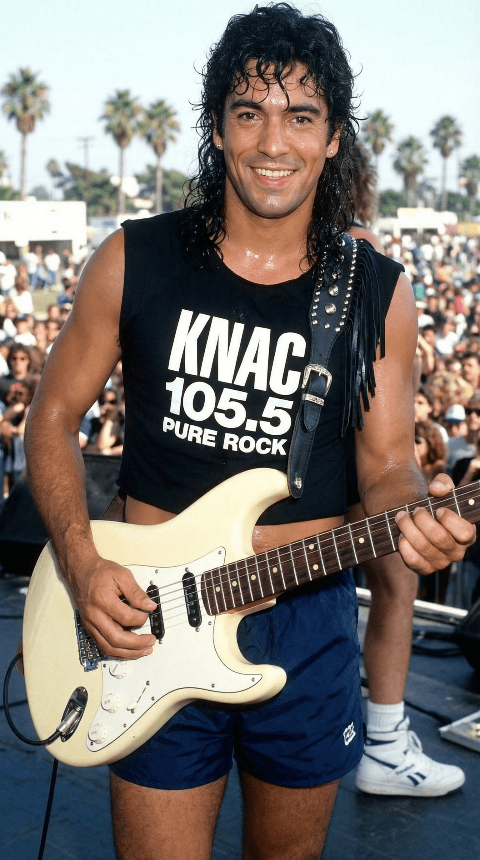 AI generated: Guitar player looks ans smiles at the camera as he play on an outdoor stage in Long Beach, CA in the...