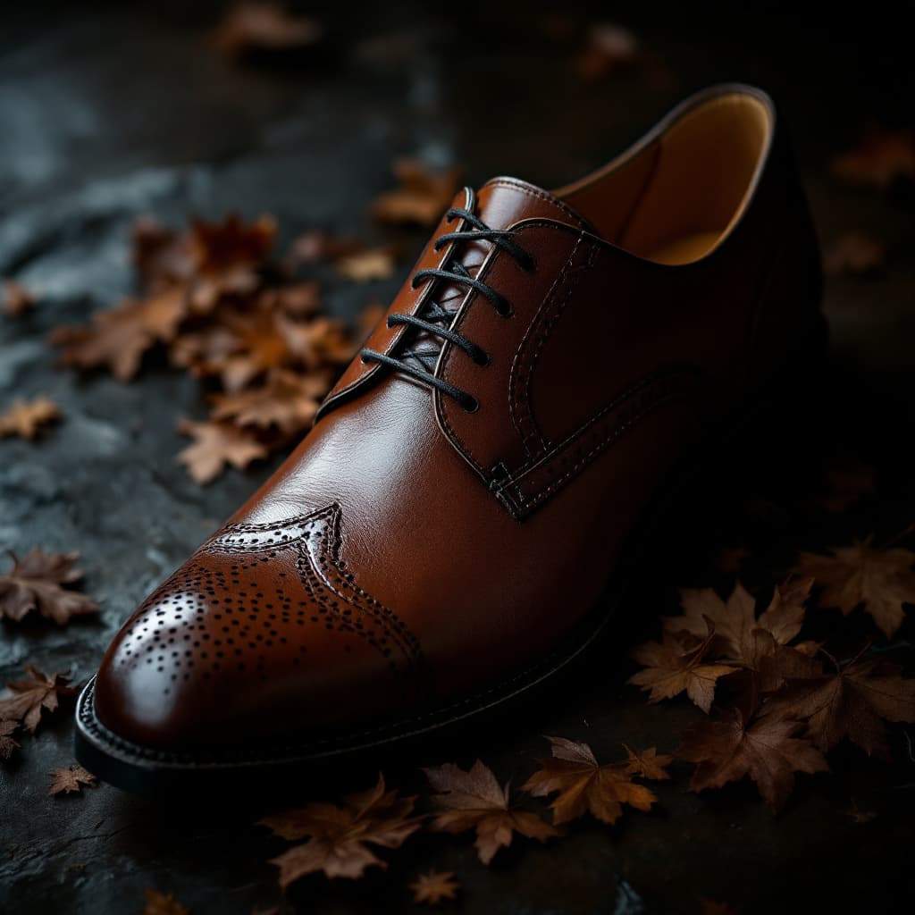 AI generated: ultra-realistic photo concept leather shoe, in the proffessional style photography, shot on a Sony A...